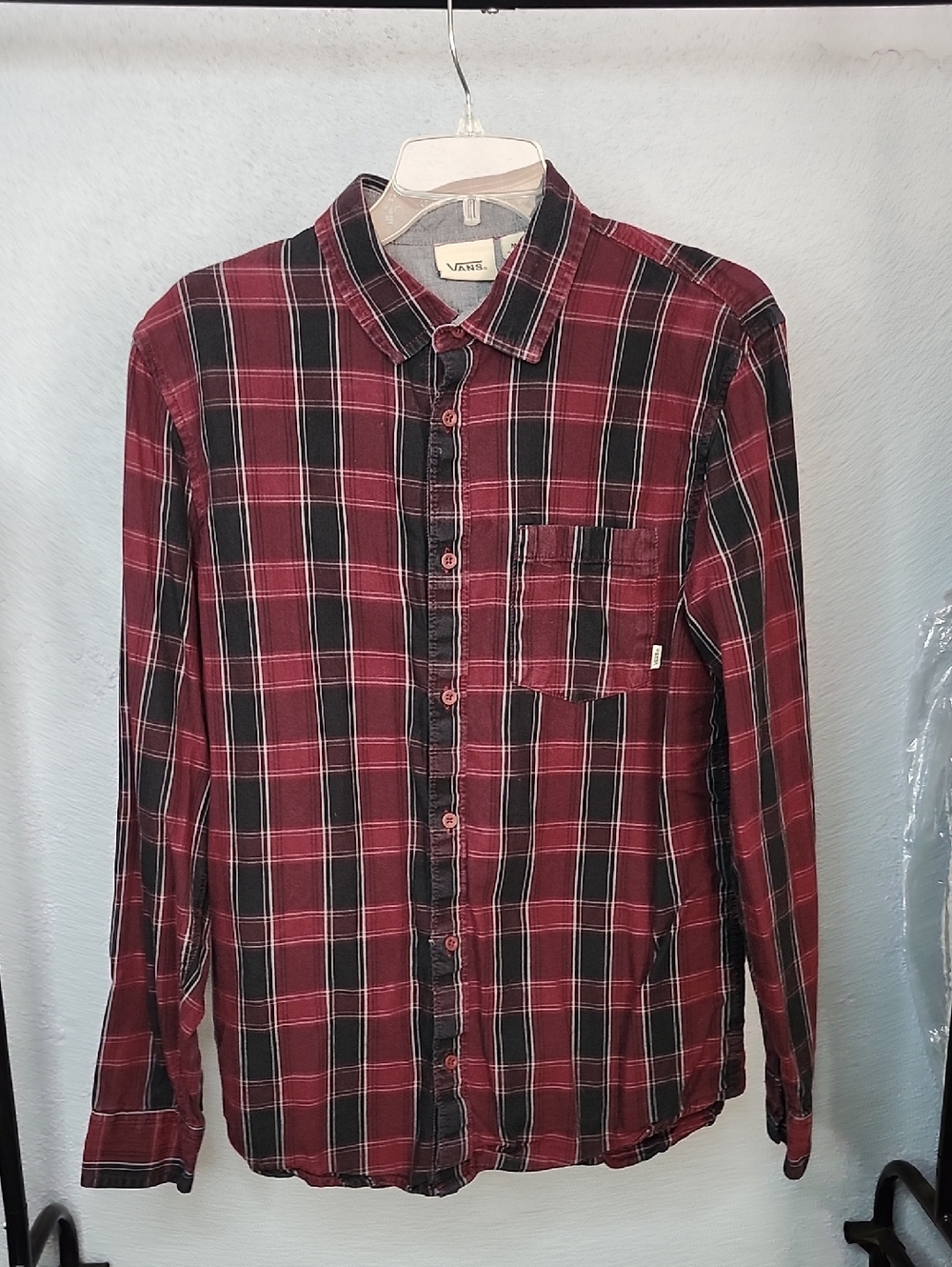 Vans Men’s Burgundy and Black Plaid Button-Down Shirt